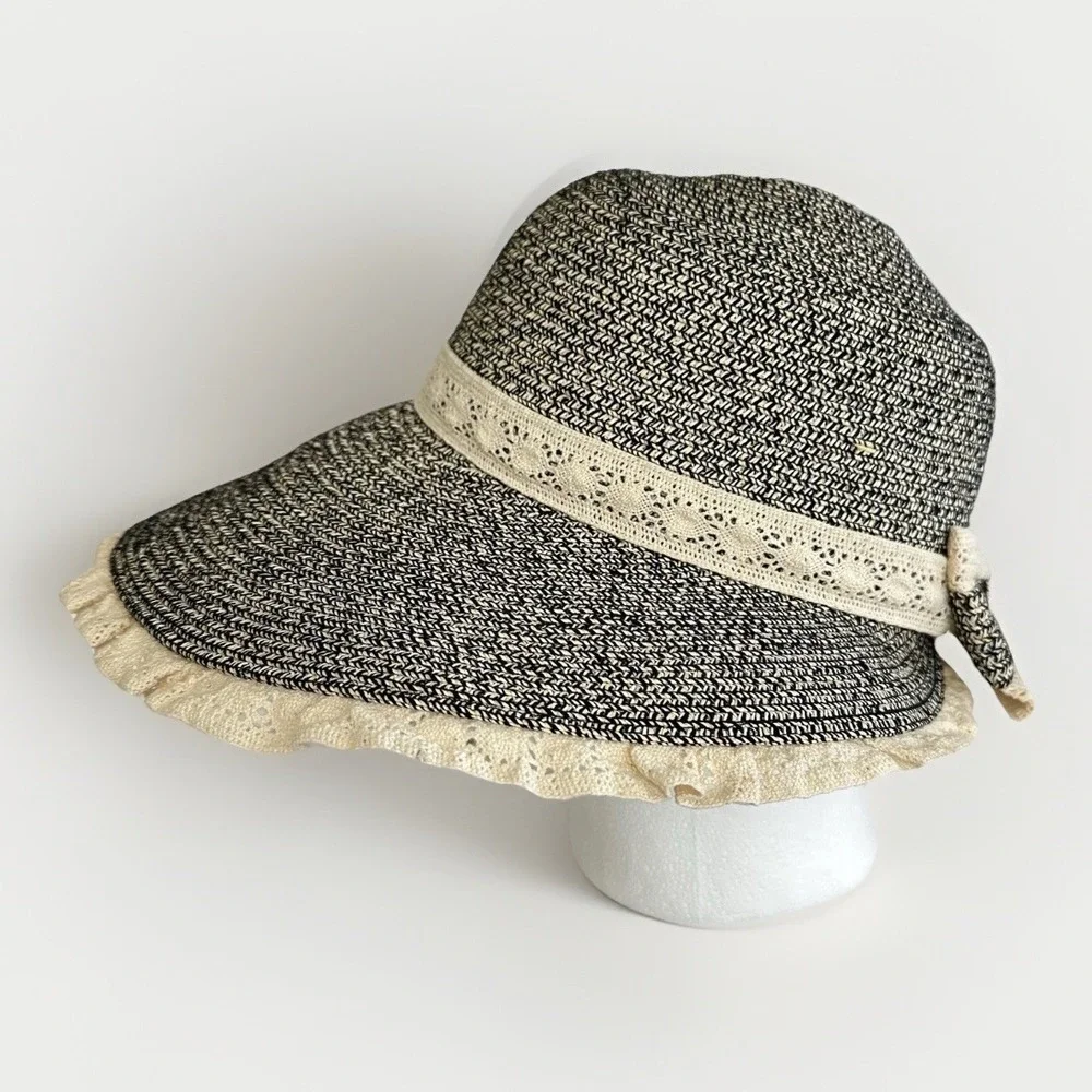 country paper straw hat womens wide brim bow beachy cottage garden‎ lace black